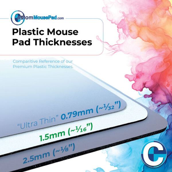 illustration of available backing thicknesses for hard top mouse pads showing this mouse pad has an 1.5 mm (1/16") backing